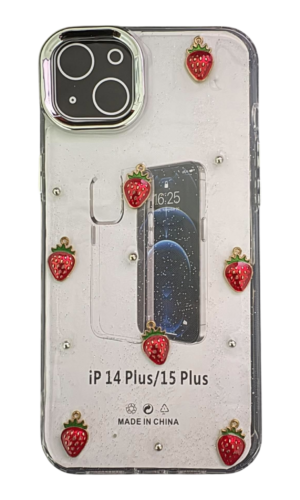 İPhone 14/15 Plus Kabartmalı Çilek Şeffaf