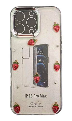 İPhone 16 Pro Max Kabartmalı Çilek Şeffaf